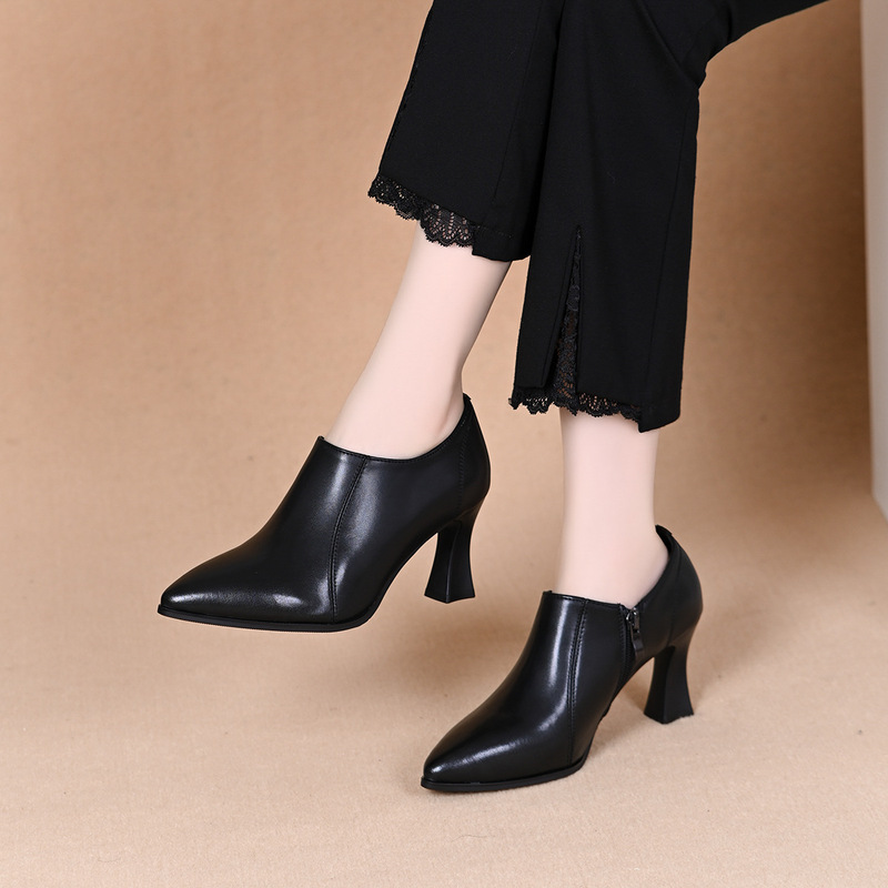 Thick-Heeled Pointed-Toe Women's Single Shoes, High Heels, Side Zipper Deep-Mouth Leather Shoes, Spring and Autumn Versatile Women's Shoes for the Workplace