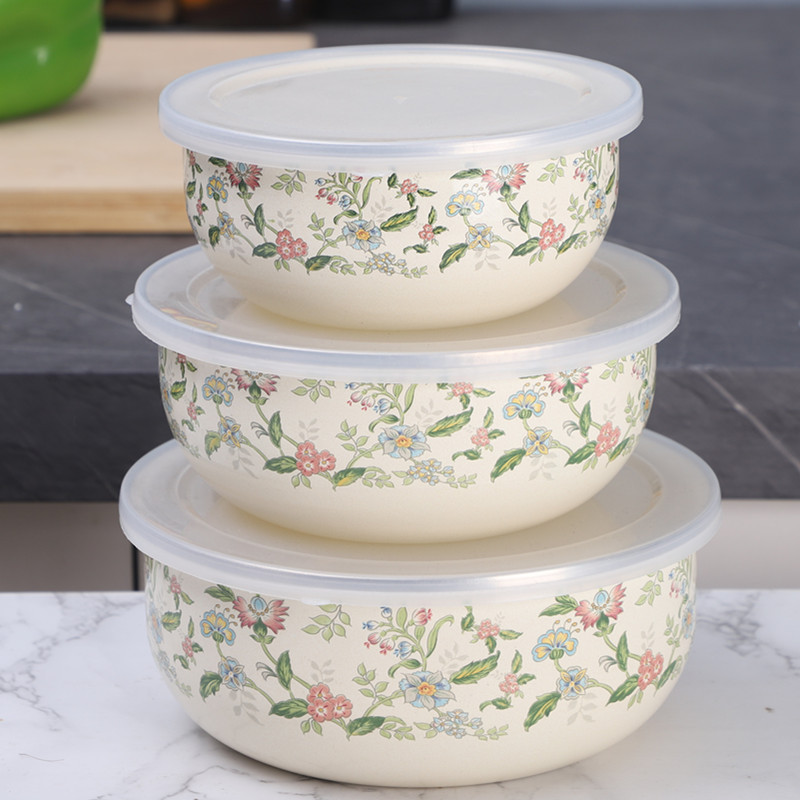 Enamel Enamel Fresh-keeping Bowl Enamel with Lid Refrigerator Fresh-keeping Bowl Old-fashioned Nostalgic Retro Neat Bowl with Lid