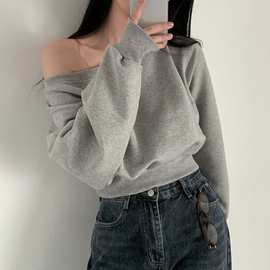 薄款纯色打底衫气质一字领露肩宽松休闲上衣女性感短款长袖卫衣女