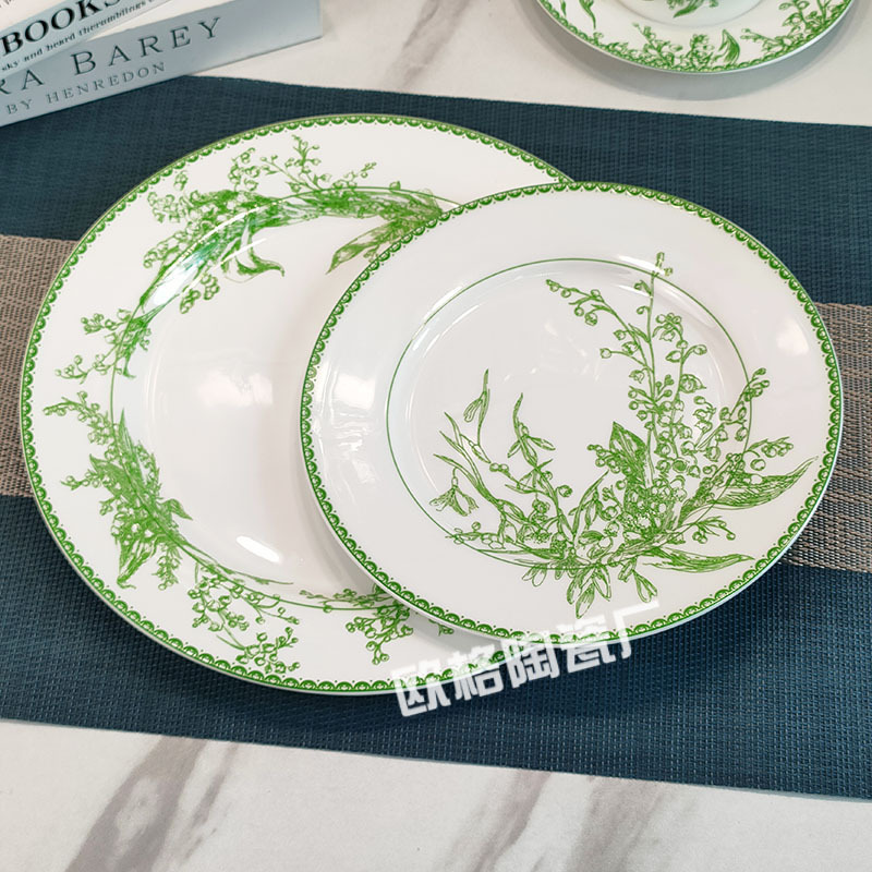 Cross-border European-style D-home Lily of the Valley series bone china Western-style steak plate hotel table exquisite simple green gift set