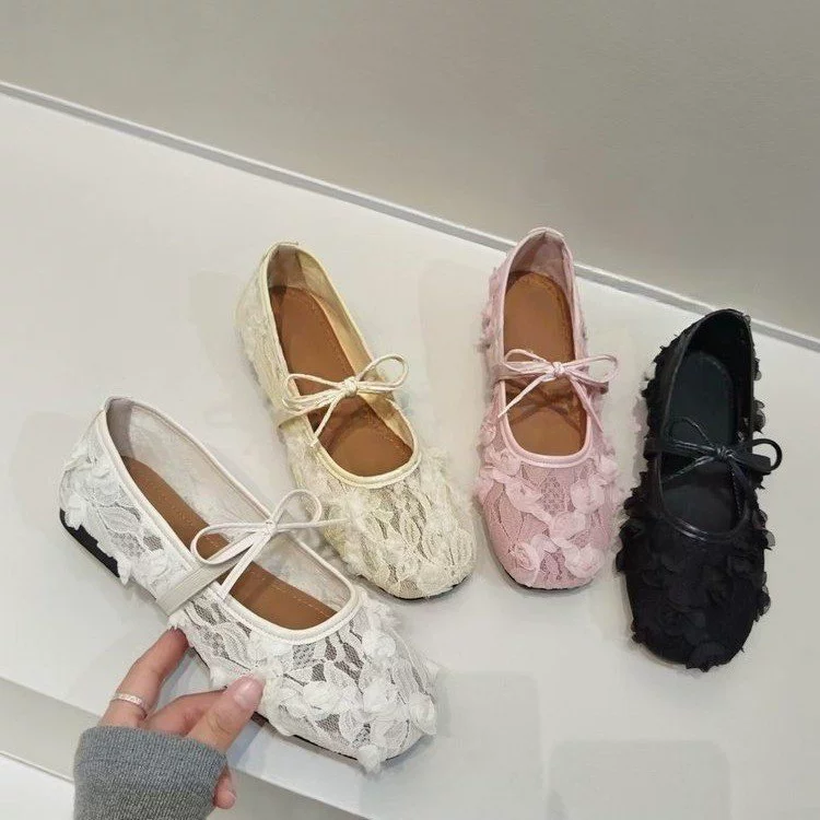Женские туфли из французского кружева и сетки, новые летние туфли в сказочном стиле с нежным бантом на плоской мягкой подошве, дышащие туфли Мэри Джейн