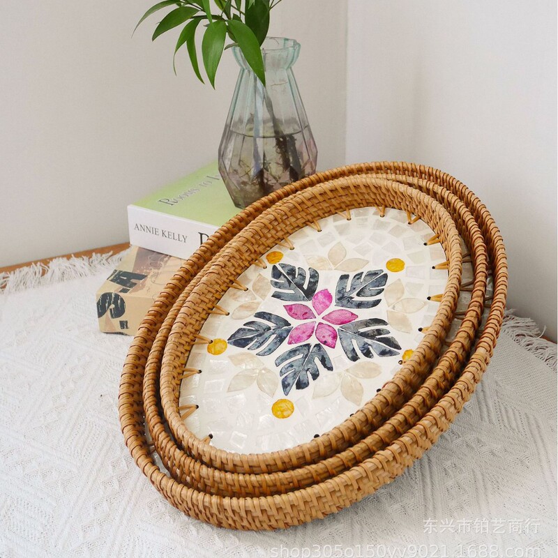 Colorful Shell Shallow Plate Round Fruit Basket Handmade Rattan Woven Bread Basket Coffee Steamed Bread Basket Living Room Desktop Tray