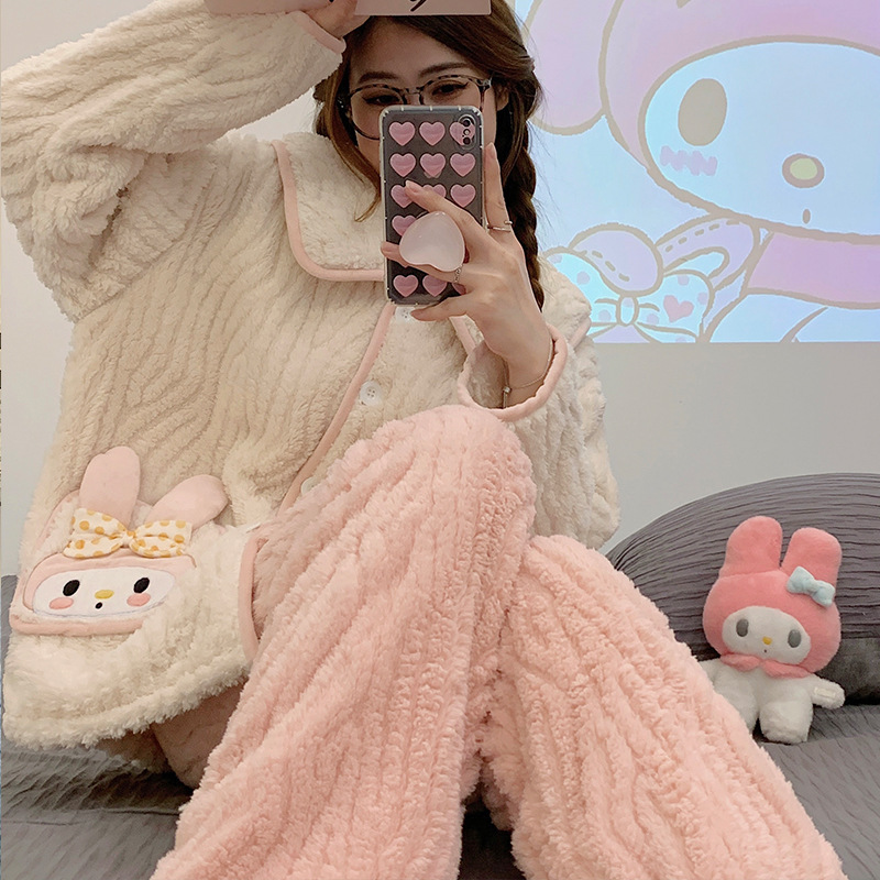 2023 nuevo meildi chica otoño y el invierno de manga larga coral fleece engrosada lindo dibujos animados abrigo franela traje