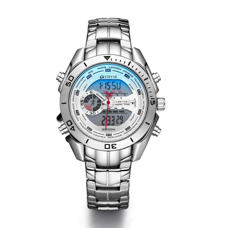 Reloj de acero inoxidable de moda para hombre STRYVE con reloj electrónico de doble pantalla reloj de cuarzo para hombre 8019