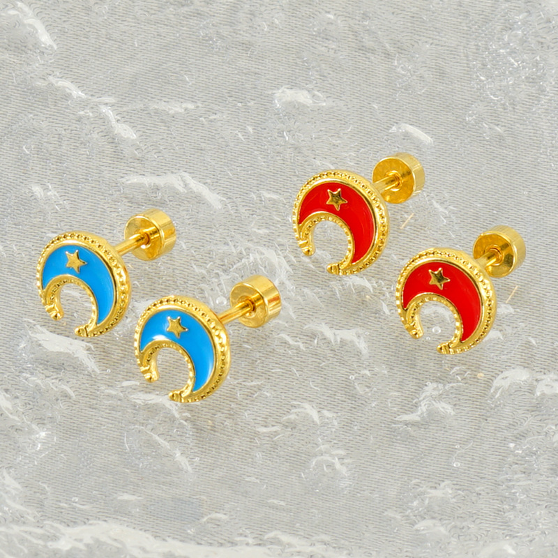 Moda nuevo estilo ins elegante todo fósforo dulce de acero inoxidable chapado 18K oro estrella Luna Stud pendientes para las mujeres en stock