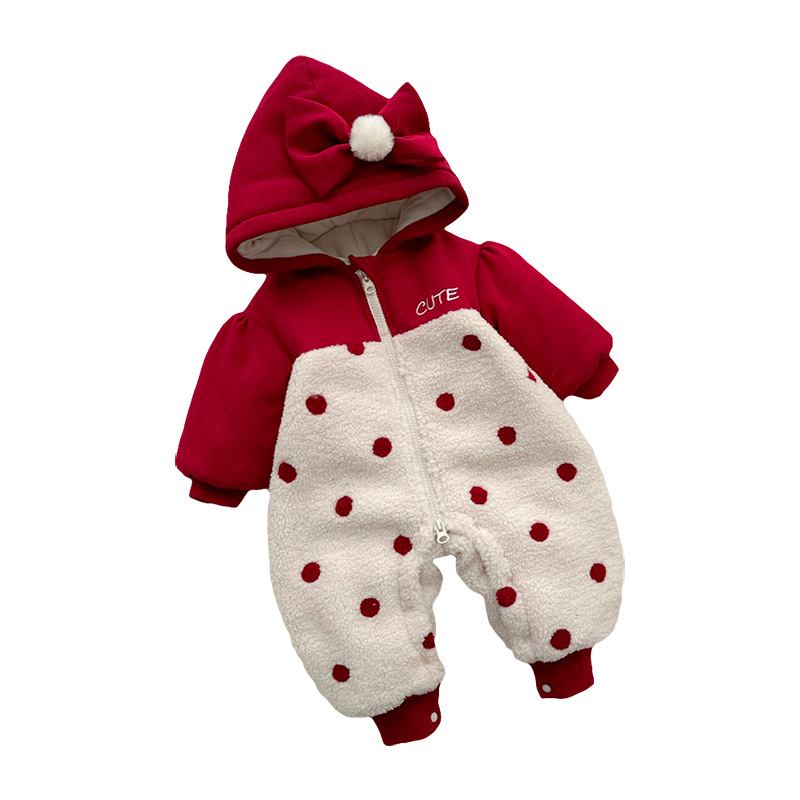 Ropa de invierno para bebés, pajarita de lunares, ropa de algodón gruesa, ropa de año nuevo lindo, ropa de mujer, mameluco para bebés, mameluco acolchado