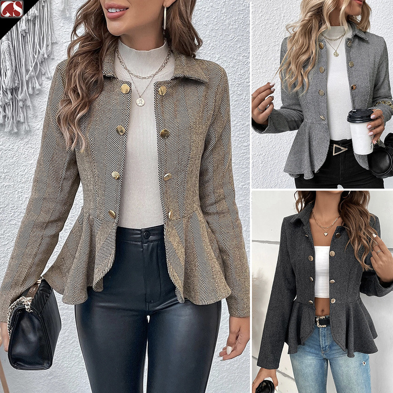 European and American Export Cross-Border Women's Clothing Lapel Jacquard Ruffled Slim Double-Breasted Elegant Office Suit Jacket for Women