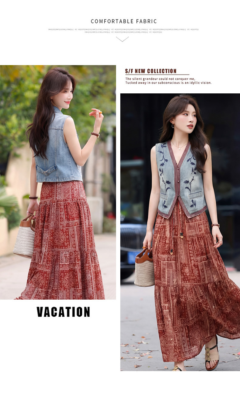 Set áo vest ren và chân váy midi hai mảnh nữ tính họa tiết thêu hoa — màu đỏ chi tiết 10