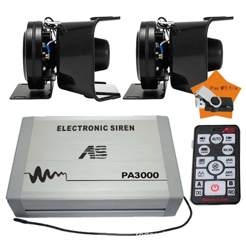 12V Car Electronic Alarm PA3000E Loudspeaker Remote Control MP3 High-Pitched Car Siren + Square Mouth Speaker