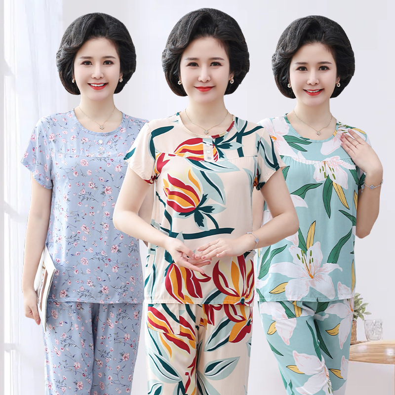 Cotton Silk Pajamas Women's Summer Thin Short-sleeved Loose Two-piece Set for Middle-aged and Elderly Mothers