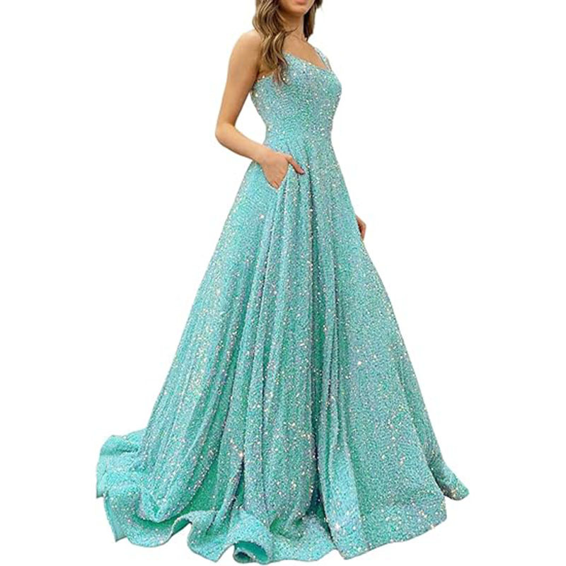 2026 Foreign Trade Long A-Line Prom Dress with Pockets, Formal Evening Gown with Side Slit, Sparkling Party Dress