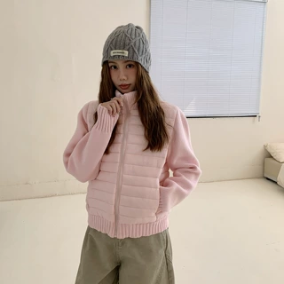 立领针织拼接短款棉服女冬季新款小个子轻薄保暖排骨棉袄棉衣外套