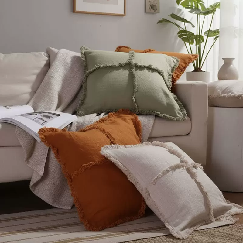 北欧亚麻抱枕套十字毛边简约纯色百搭靠垫套45*45cm不含芯轻定制