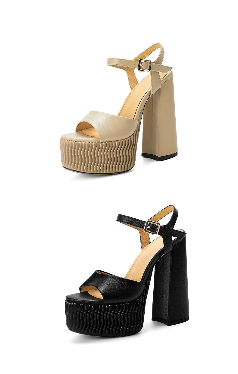 Sandal cao gót nữ quai ngang miệng cá đế xuồng 15 cm da thật — Màu đen chi tiết 13