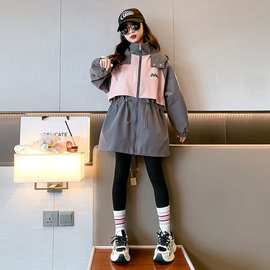 女童春季刺绣收腰外套2025新款中大儿童洋气休闲拼色连帽风衣