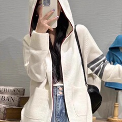 连帽开衫女100纯羊毛衫秋冬季带帽针织卫衣欧货拉链针织毛衣外套