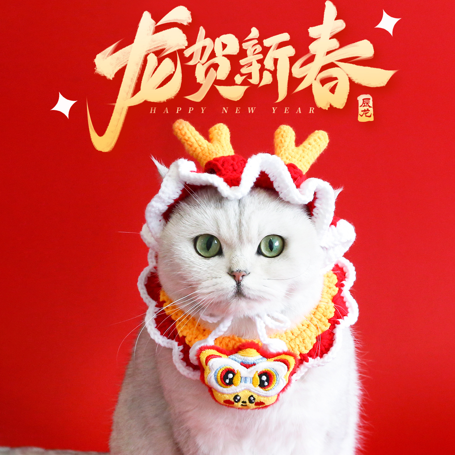 Año dragón gancho mano mascota sombrero de lana lindo Año Nuevo punto babero bordado Festival de Primavera sombrero gato cachorro perro Accesorios