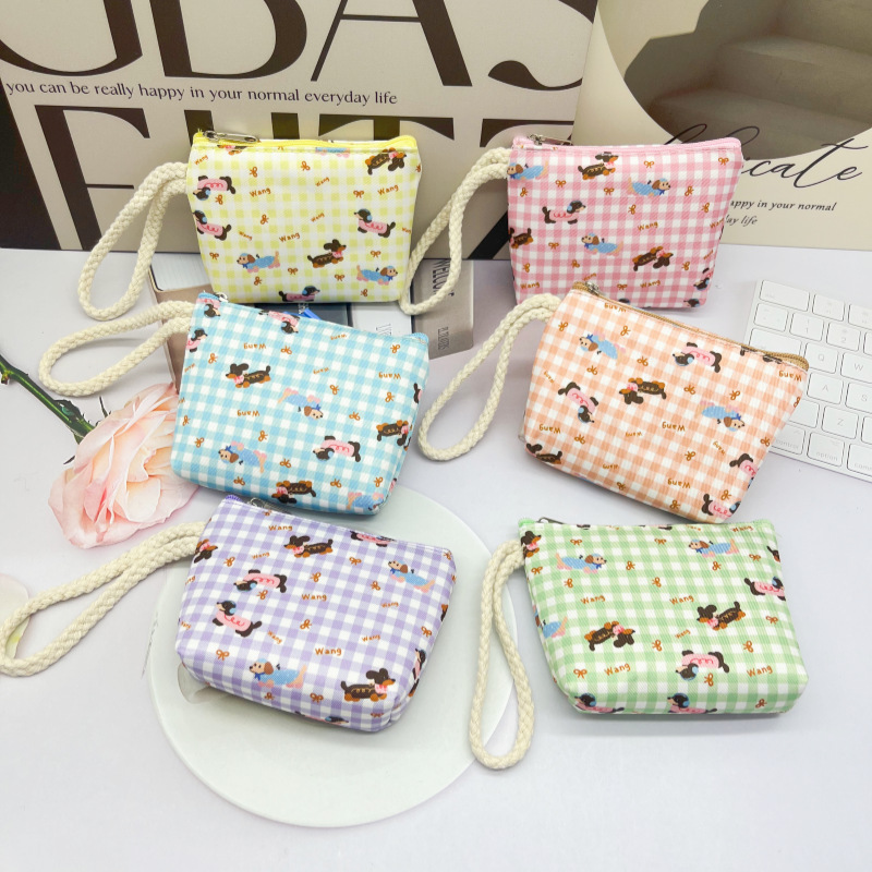 New plaid cartoon coin purse with wrist strap, mini portable wallet for students, storage bag, cultural and creative product