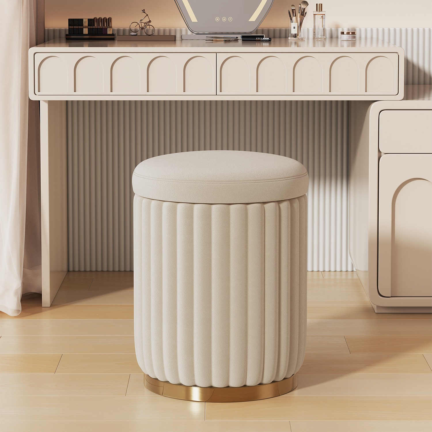 Cream-Colored Makeup Stool for Girls' Bedroom, Dressing Table Chair, Home Use, Light Luxury, High-End, with Storage, Manicure Stool, Round Stool