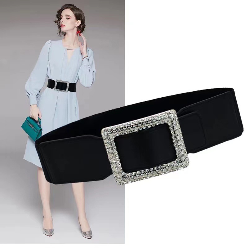 Ceinture large à boucle carrée pour manteau décoratif, insert élastique à la taille, ceinture élastique à strass pour femme, noir_voghion.com