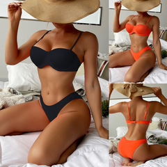 2023 Solid Color Sexy Gathering One-piece Swimwear Amazon Cross-border Bikini Women's Swimwear