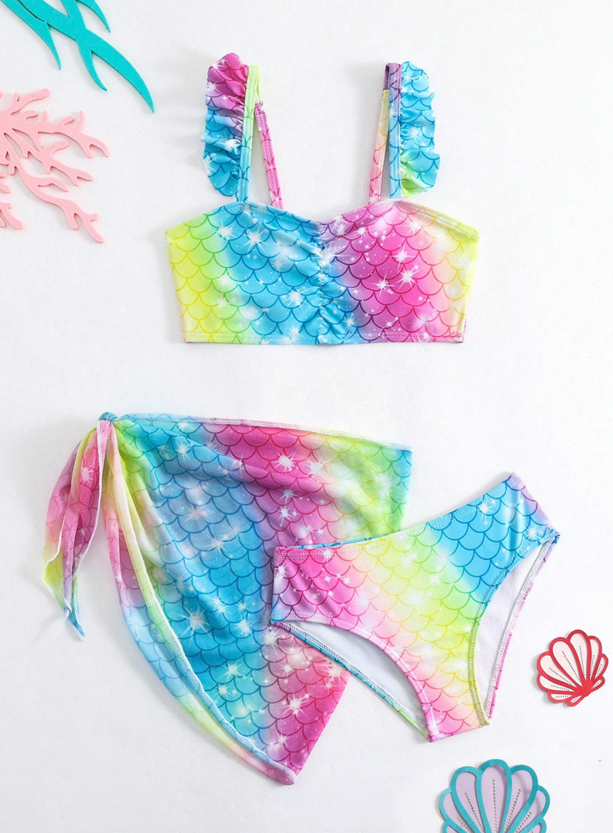 Meerjungfrauen-Badeanzug für Mädchen, zweiteilig, Baby-Bikini mit Trägern, dünnes Baumwoll-Polyester-Material, Sommerbademode für Kleinkinder und Kinder_voghion.com