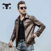 Leather jacket, cowhide genuine leather, zip pockets, classic cut