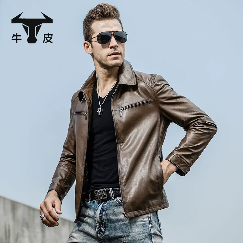 Leather jacket, cowhide genuine leather, zip pockets, classic cut