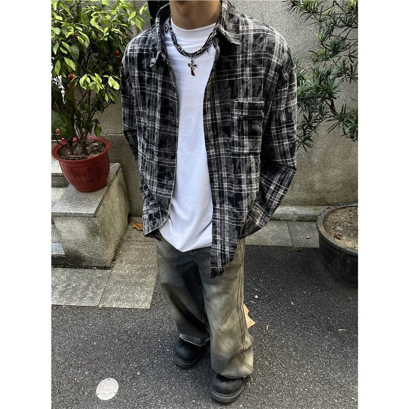 美式复古黑白格子衬衫男士上衣春秋款潮牌休闲百搭长袖衬衣外套潮