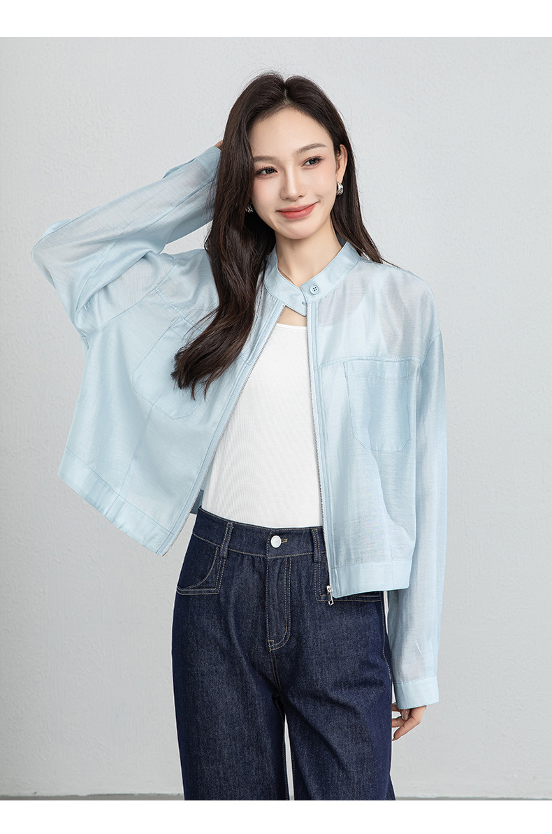 Áo khoác sơ mi ngắn tay nữ chất liệu linen pha acetate mùa hè dáng rộng — Xanh da trờicolor chi tiết 17