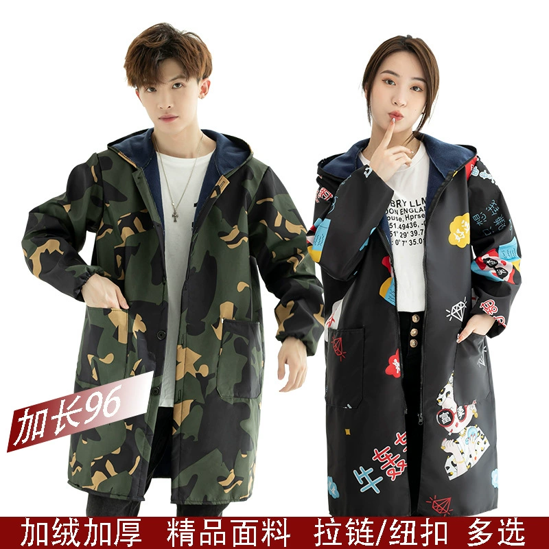 Удлиненные Комбинезоны на флисовой подкладке, непромокаемые масляные кухонные бытовые Комбинезоны на молнии на пуговицах, рабочая одежда для взрослых, мужчин и женщин, фартук с длинным рукавом