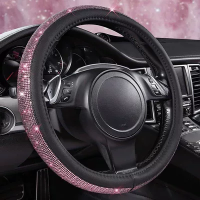 Source Factory Cross-Border Rhinestone-Embellished Leather Steering wheel cover - pink-diamond-38cm