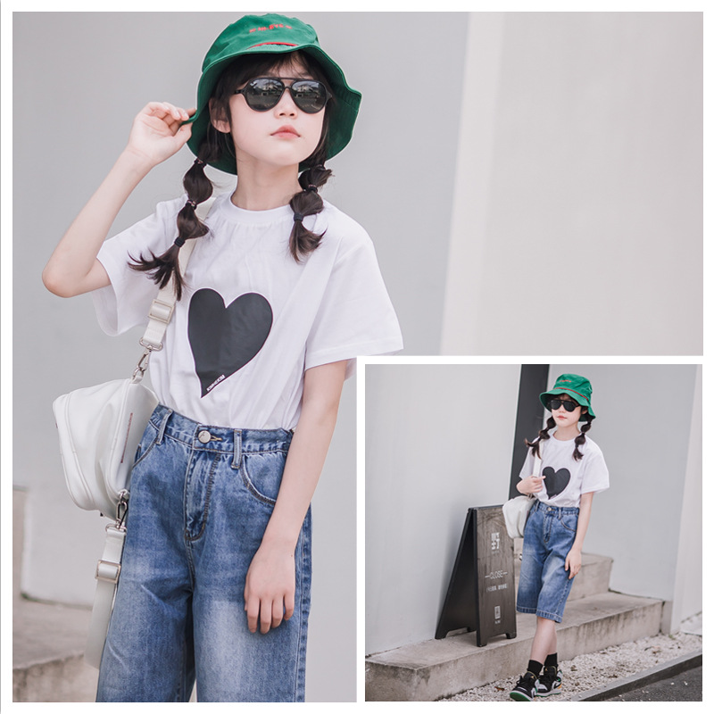 Camiseta de manga corta para niñas verano Nuevo 2023 estilo occidental de moda algodón medio y grande tops para niños camiseta suelta para niños blanco