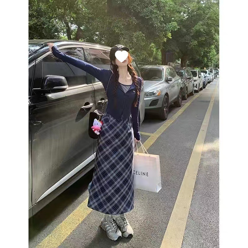 假两件挂脖设计感纯欲长袖上衣格子半身长裙女秋季2025新款两件套|undefined