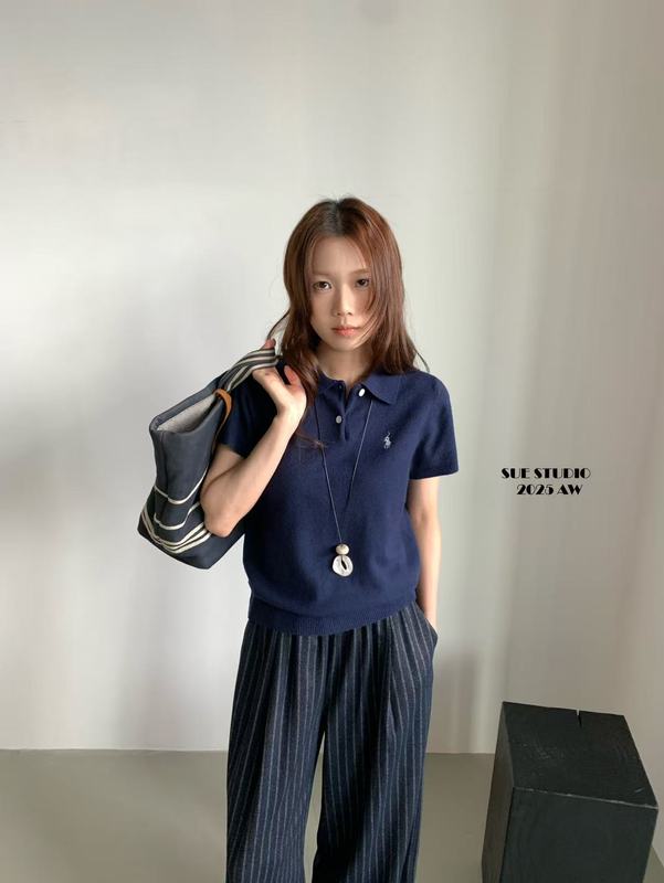SUE十三行小马刺绣Polo显瘦针织衫秋季新款经典休闲短袖上衣37122|undefined