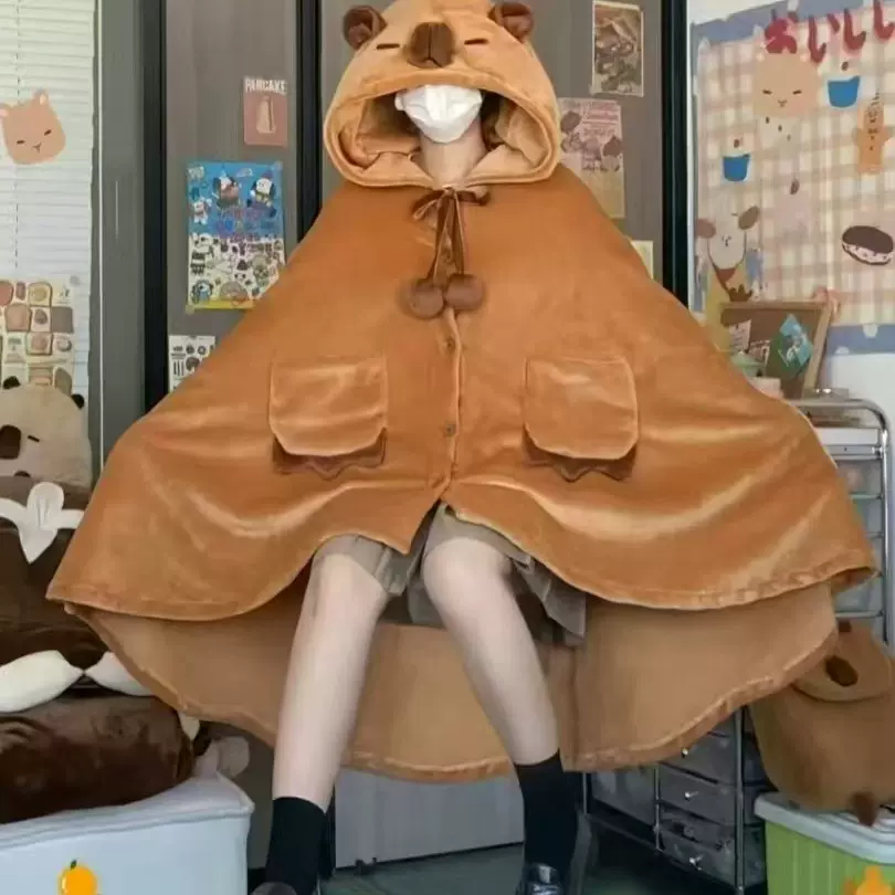 2025新款可爱卡通珊瑚绒小浣熊卡皮巴拉披肩空调午睡毯女睡衣浴袍