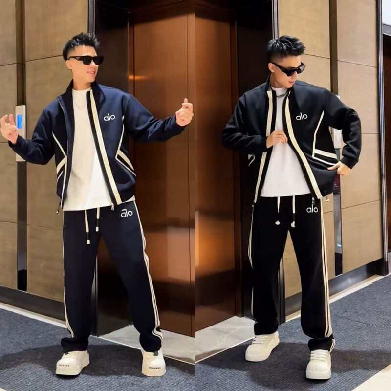 早秋高品质时尚休闲套装男欧货百搭帅气拼色立领外套运动裤两件套|undefined