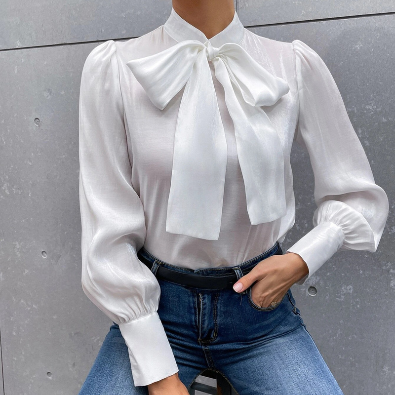 Long-Sleeved Shirt, French-Style White Women's Shirt with Front Tie and Bow, Elegant Niche Design, Lapel-Style Women's Top