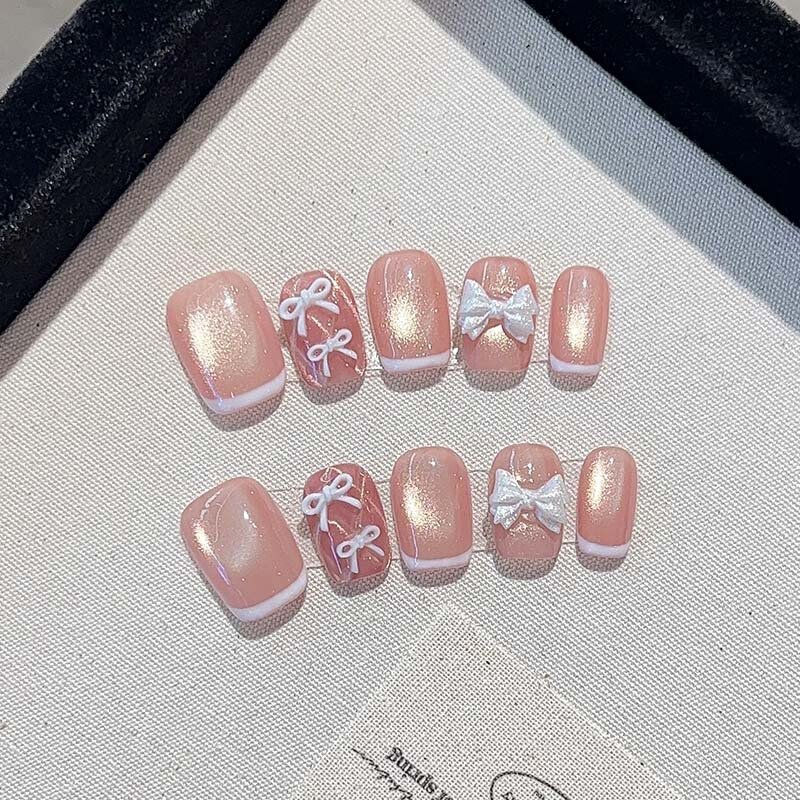 [Slightly Sweet Girl] Handmade Wearable Nails Ins Style French Bow Cute and Sweet Fake Nail Art Patch