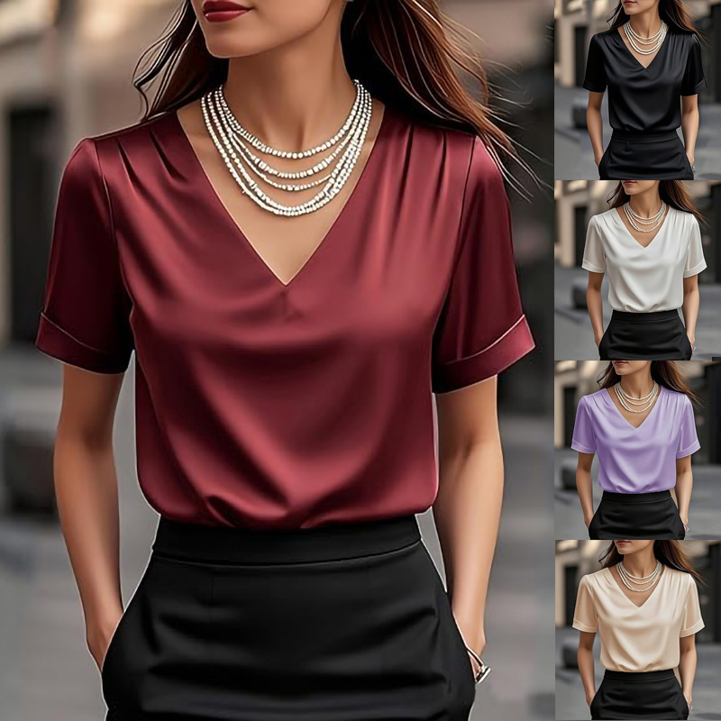Cross-Border Short-Sleeved T-Shirt European and American 2026 New Style Women's Fashionable Elegant V-Neck Pleated Elegant Women's Shirt