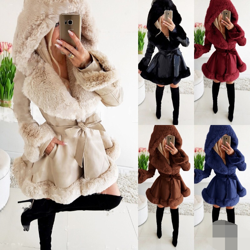 2023 new women's long sleeve warm solid color lace-up belt Chanel style fur stitching ruffled hooded jacket