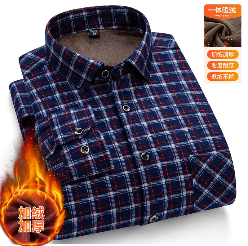 Warm Long-Sleeve Shirt for Men, Winter Business Casual Striped Shirt for Middle-Aged and Elderly Fathers, Fleece-Lined and Thickened Men's Shirt