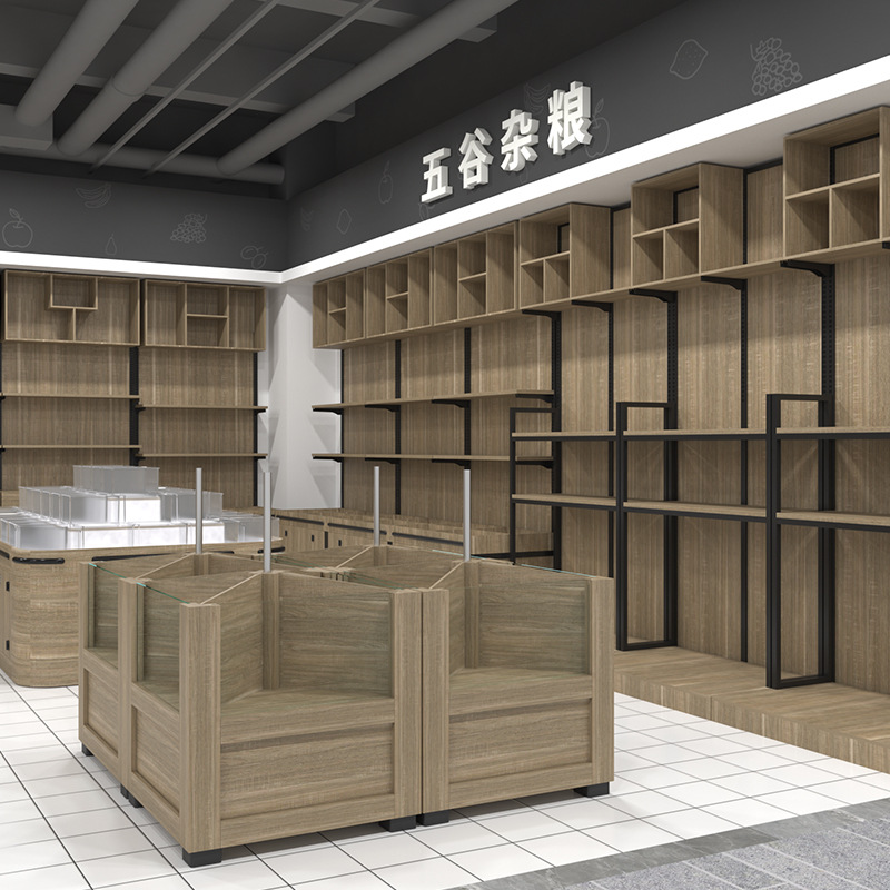 商场大米堆头架钢木货架米袋展示架五谷杂粮货架