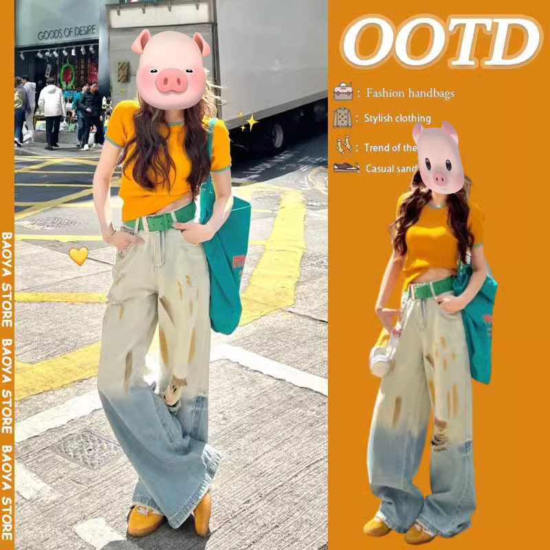 夏季美式复古穿搭女2025新款多巴胺撞色针织短袖破洞牛仔裤两件套|undefined