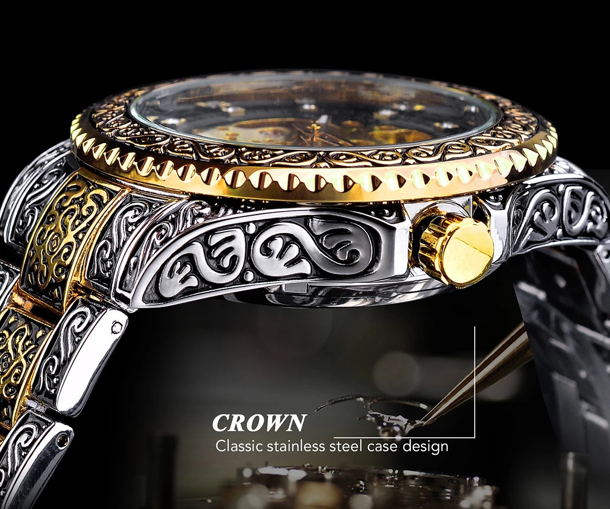 Reloj mecánico Forsining totalmente automático, reloj de hombre de oro tallado, modelo de hebilla de mariposa resistente al agua_voghion.com