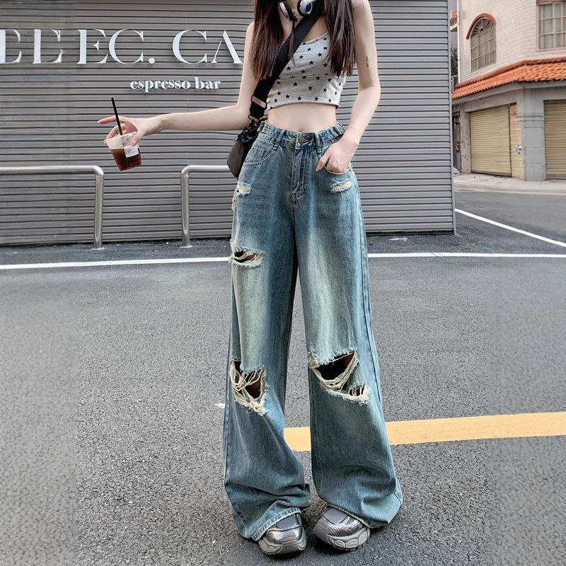 Waist adjustable wide leg jeans women's summer high waist loose ripped straight trousers light blue mopping pants