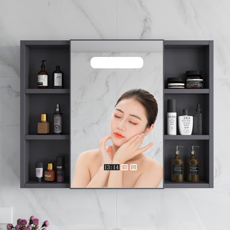 Armario de espejo de baño de lujo ligero simple con estante de almacenamiento espejo de baño caja de espejo de baño almacenamiento montado en la pared de fibra de carbono