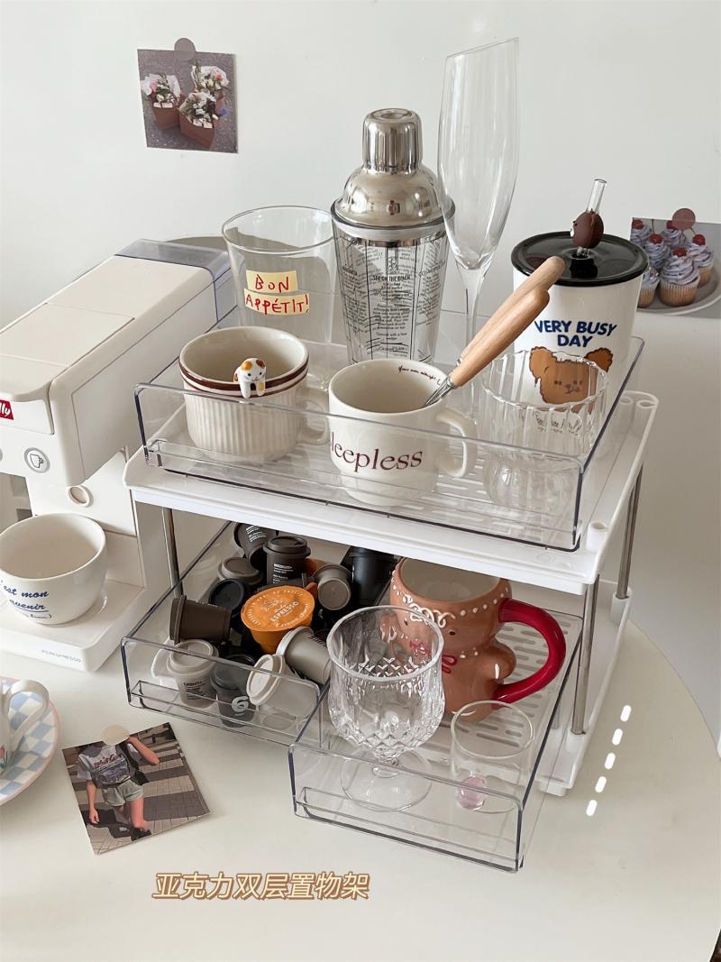 Cup holder shelf, water glass storage rack, double-layer cup stand for living room, glass cup and coffee cup holder, desk storage box