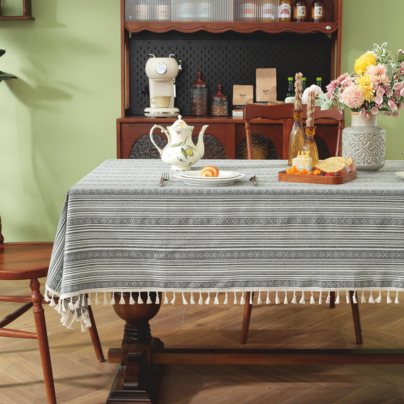 Yarn-dyed Polyester-cotton American Ethnic Style Jacquard Striped Tassel Lace Tablecloth Coffee Table And Dining Table,_voghion.com