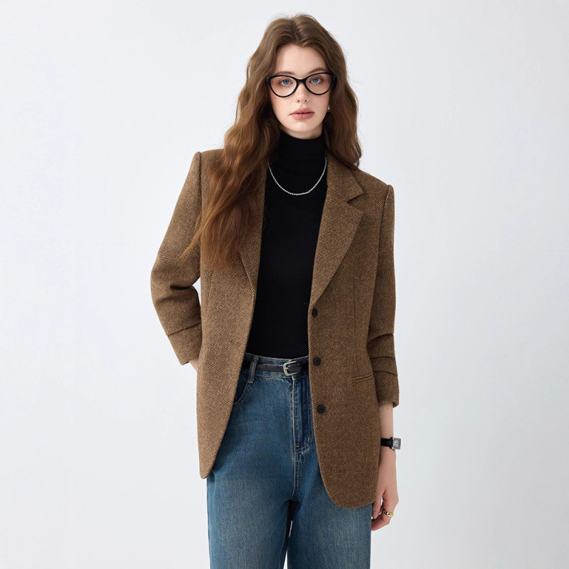 2025 High-End Autumn and Winter New Gray Woolen Suit Jacket Elegant Retro Loose Wool Suit Top for Women